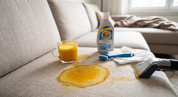 Rozliate kurkumové latté na svetlej sedačke a nesprávne domáce čistenie kefou a bežnou chémiou